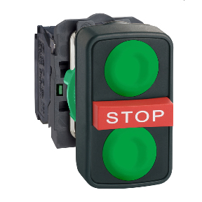 Schneider Electric 22mm Triple Pushbutton w/Legend; Round (top) / Rectangular / Round; Green (top) / Red / Green; 2NO / 1NC; Momentary
